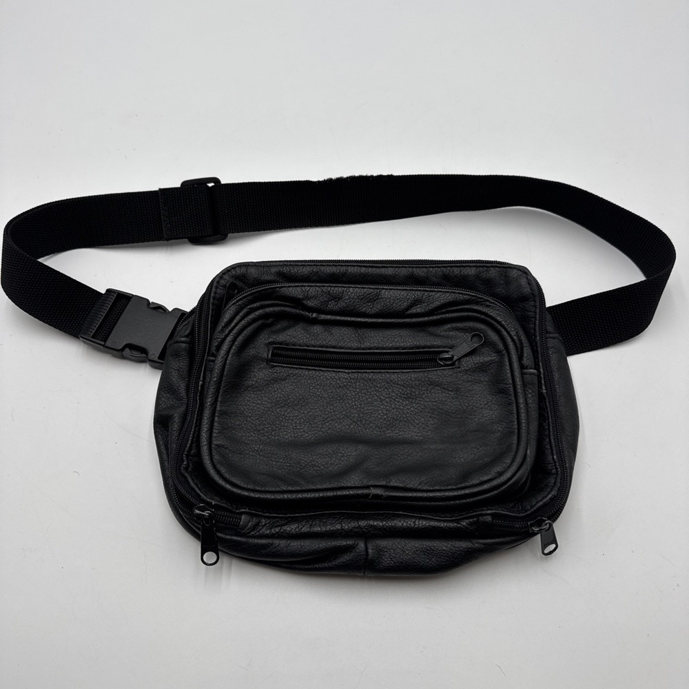 Vintage Black Genuine Leather Y2K Fanny Pack Waist Belt Crossbody Bag Mexico